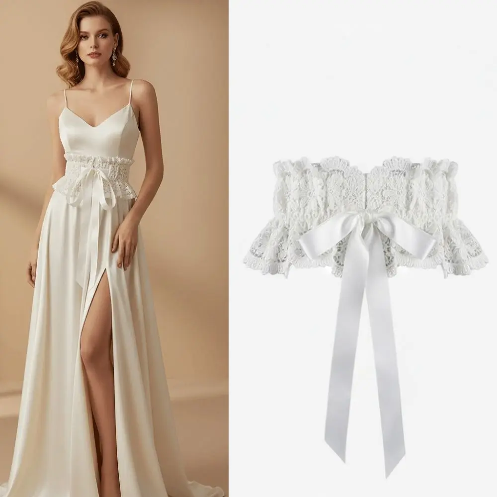 

Versatile Elegant Lace Waist Belt Elastic Wide Bowknot Cinch Belt Solid Color Hollow Pattern Cummerbunds Belt for Women