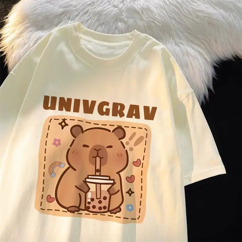

Женская милая футболка Capybara Boba - повседневная футболка с коротким рукавом и круглым вырезом из полиэстера, хлопковая футболка Harajuku Capybara, топы