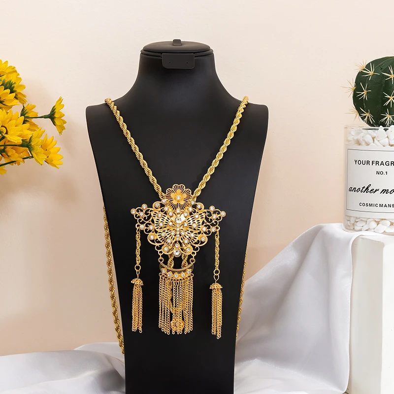 Vintage Hollow Rhinestone Butterfly Pendant Necklace Multi Layer Golden Tassels Boho Neck Jewelry for Festival