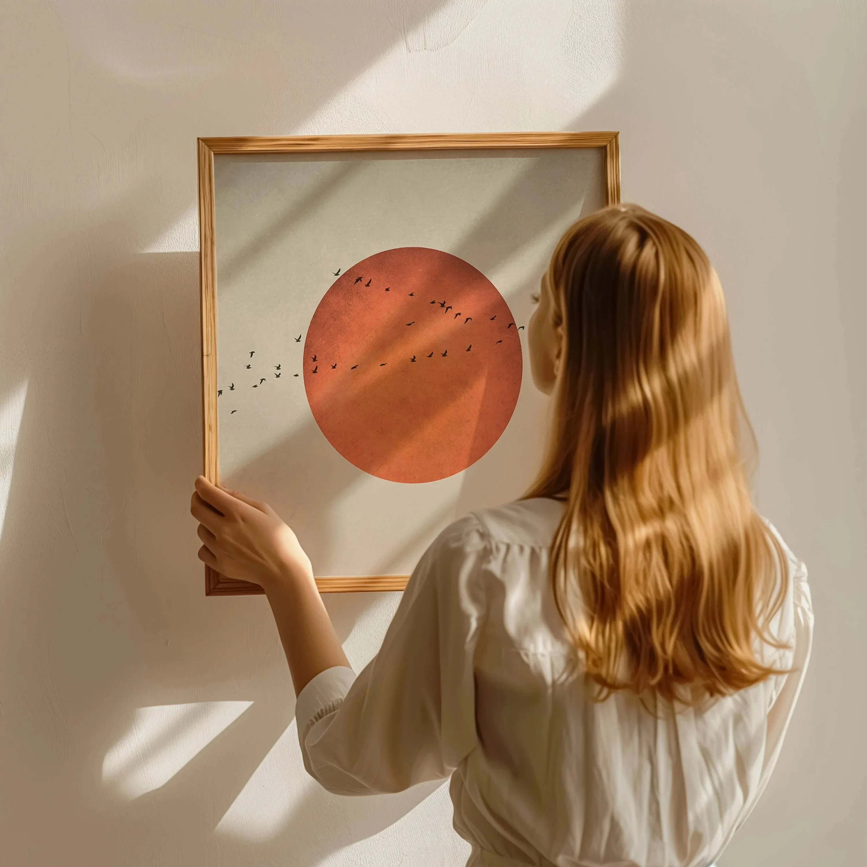 

Minimalist Japanese Style Blood Moon and Birds Wall Art Abstract Landscape Square Print Living Room Home Decor Picture