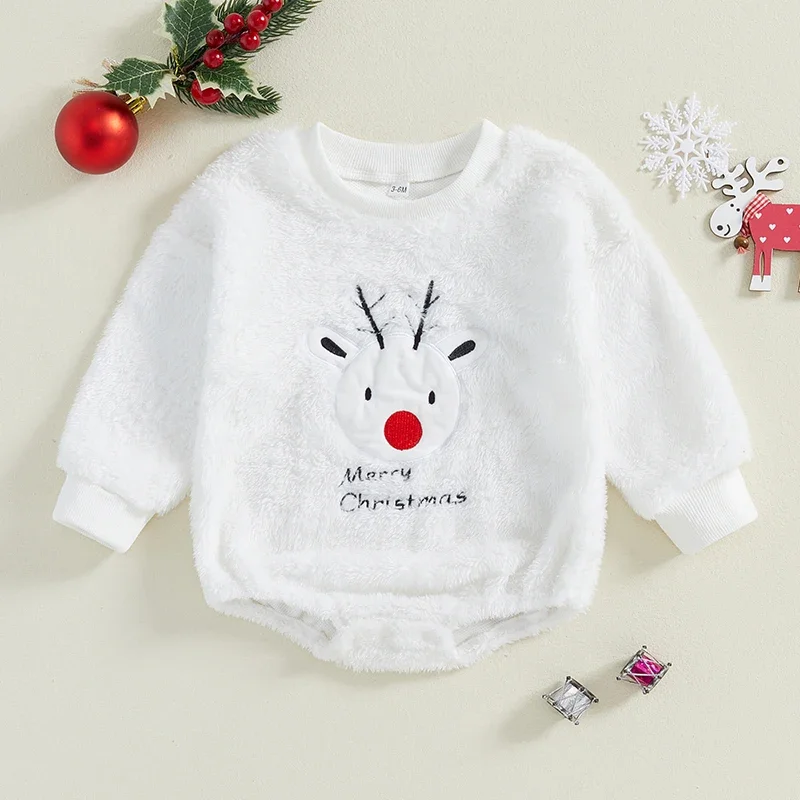 Baby Girls Boys Christmas Romper Long Sleeve  Embroidery Letters Deer Bodysuit Jumpsuit Newborn  Winter Clothes