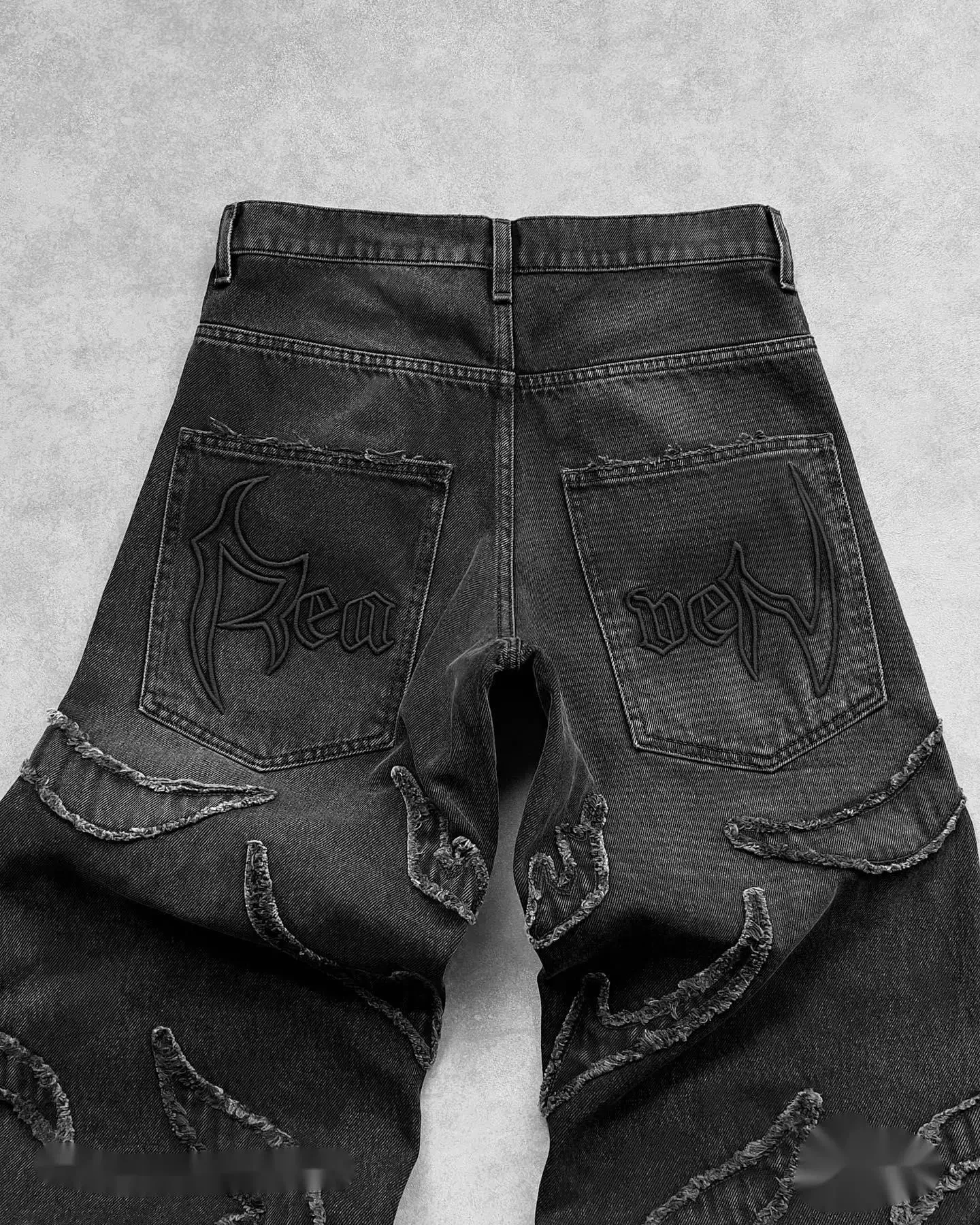 Vintage Y2k Jeans bordir tepi kasar Punk Hip Hop, celana Denim pinggang tinggi berpola tambal sulam untuk pria