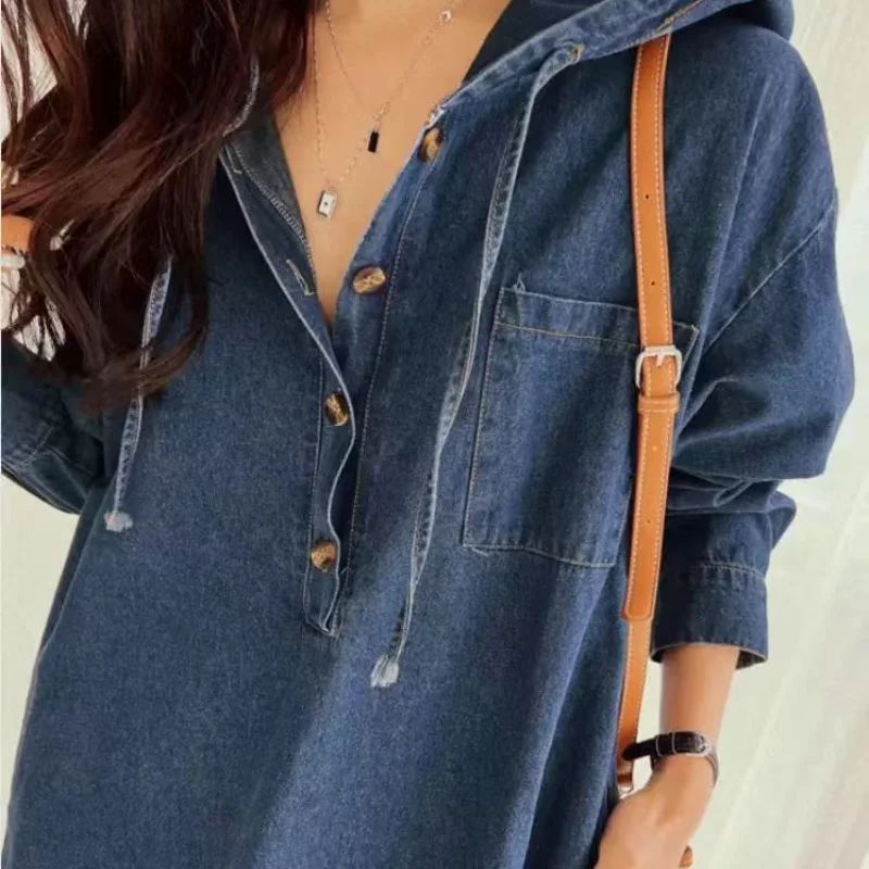 Korean Style Spring 2025 Long Sleeve Hooded Denim Dress Casual Max-Length Jeans Women\'s Fashion Robe Female Clothing K6206