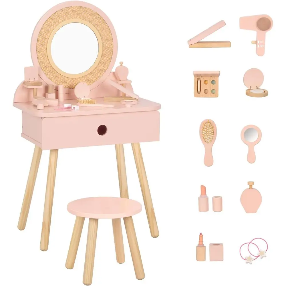 Set de tocador rosa para niñas con kit de accesorios de 11 piezas, perfecto para edades de 3 años en adelante, diversión con maquillaje real y de fantasía
