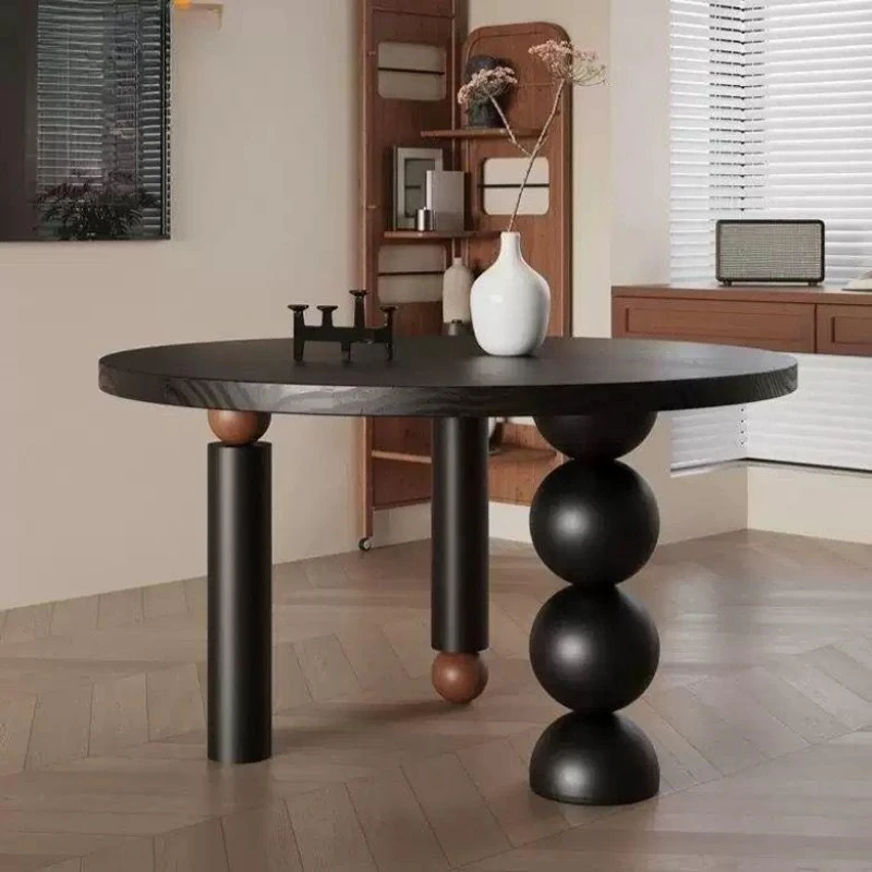 Medieval style dining table black solid wood household small apartment retro round table