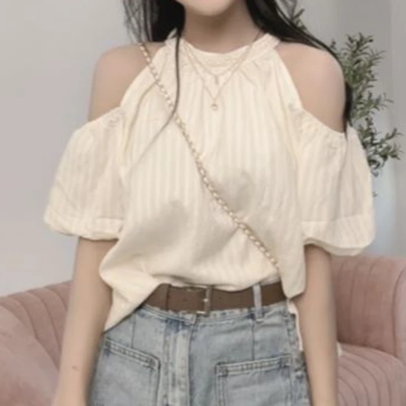 French short-sleeved ruffled blouse female strapless fashion slim summer 2024 Joker temperament design sense