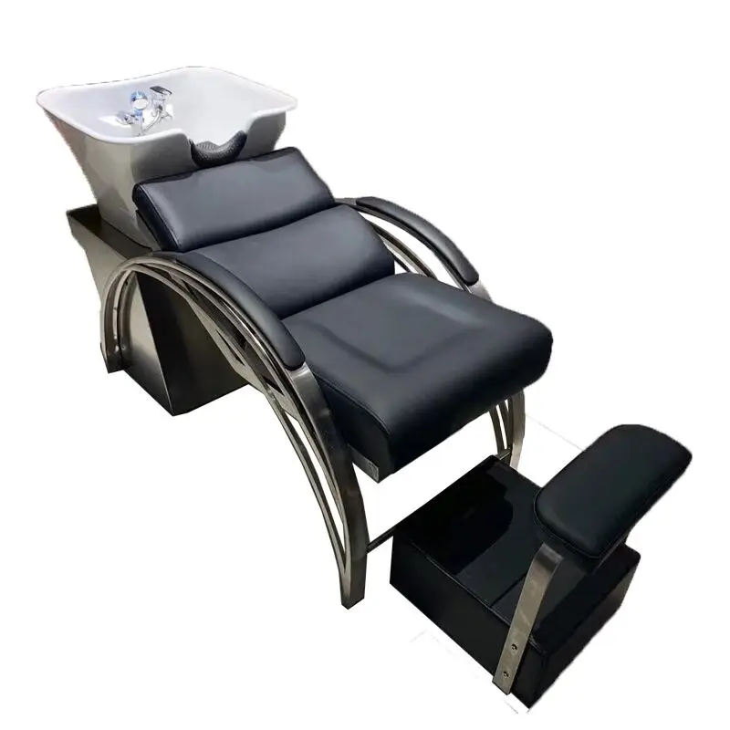 Barber shop stainless steel semi reclining shampoo bed ceramic deep basin