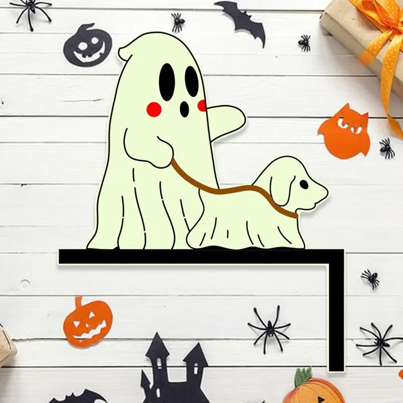 Halloween Door Corner Sign Spooky Back Adhesive Ghost Dog Walker Door Toppers Sign Multifunctional Glow In The Dark Decorative