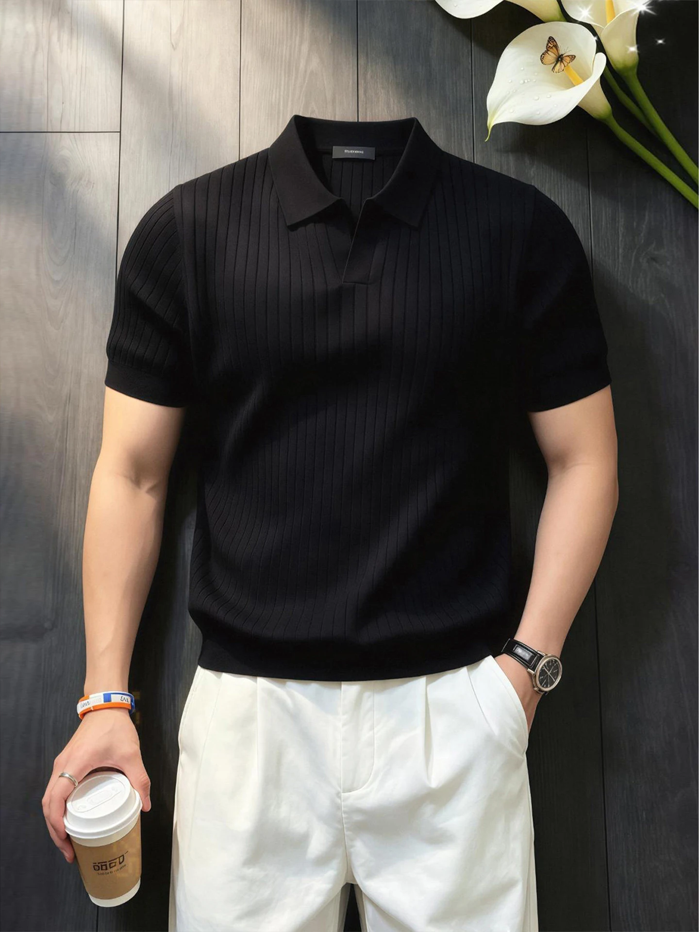 Korean Style Knitted Stripe Short Sleeve  Shirt Casual Flip Collar Men's Summer Fashion Half Sleeve Cool Feeling Leisurewear