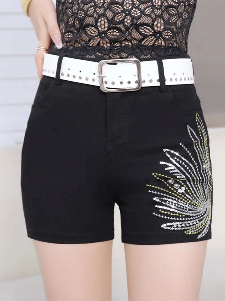 

Black Embroidered High Waist Slim Fit Jeans Short Pants Women's Casual Straight Leg Cotton Stretch Denim Outerwear Shorts