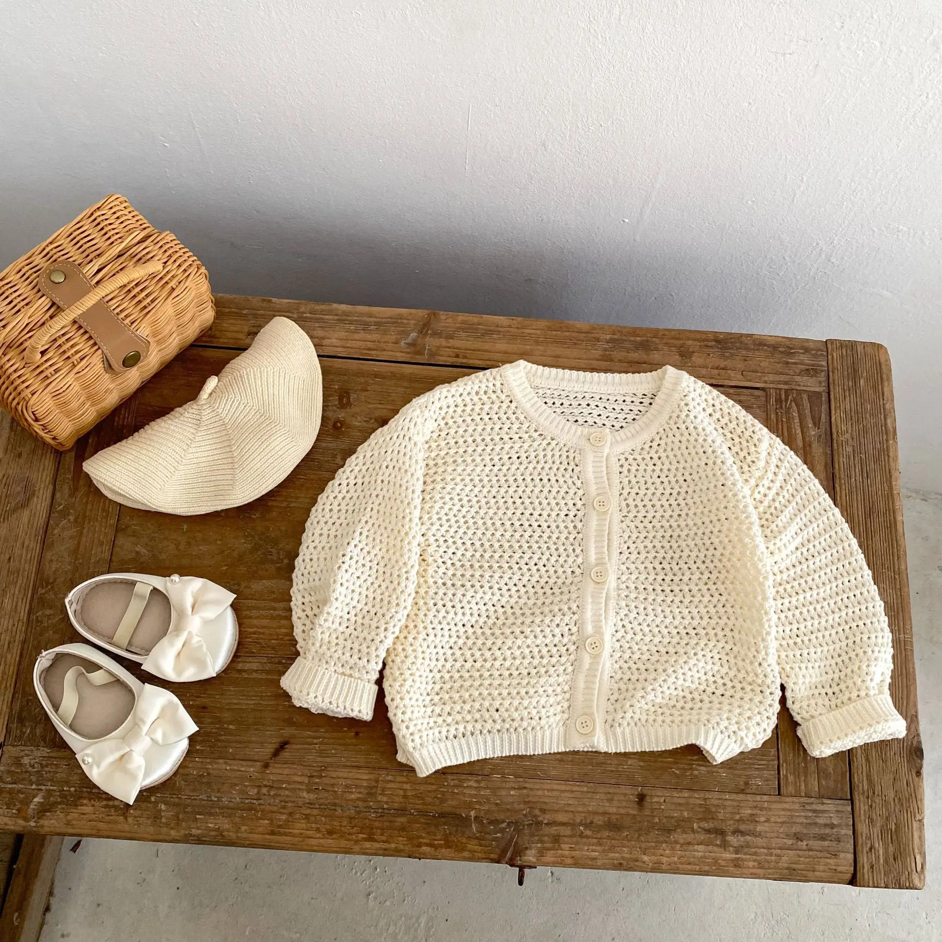 2026 Autumn New Baby Girl Long Sleeve Knitted Coat Girls Simple Hollowed Out O-neck Knitwear Solid Toddler Casual Cardigan