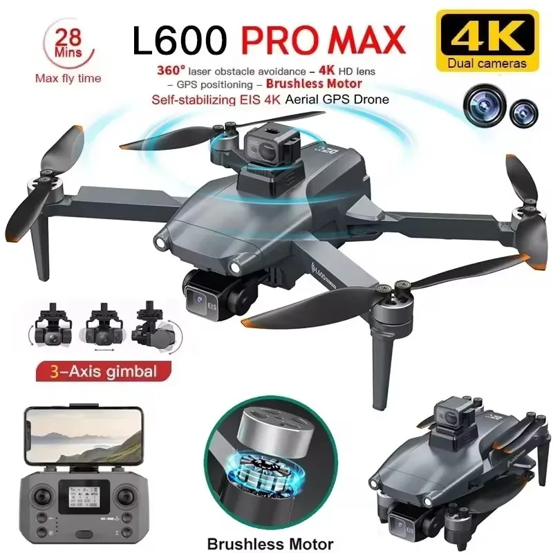 L600 PRO MAX Drone 4K Professional 3-Axis PTZ HD Dual Camera Obstacle Avoidance Brushless Motor GPS 5G WIFI RC Quadcopter Toys