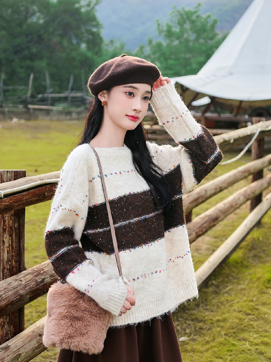 

Ретро художественный трикотаж в полоску Fair Isle Crew Ne свитер осень новый Sle теплый удобный длинный све круглый Ne