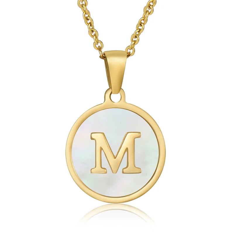 Tarnish Free Stainless Steel 18k Gold Chain Necklace Jewelry Round White Shell Initial For Woman Man 26 Letters Pendant Bulk