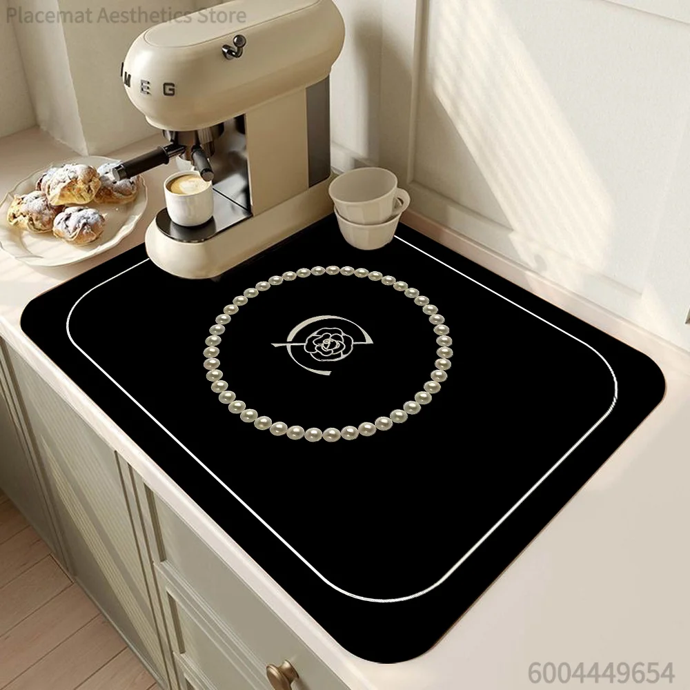 Elegant Camellia Pearl Print Super Absorbent Drying Mat Waterproof Kitchen Counter Coffee Maker Drain Pad Decor Placemat