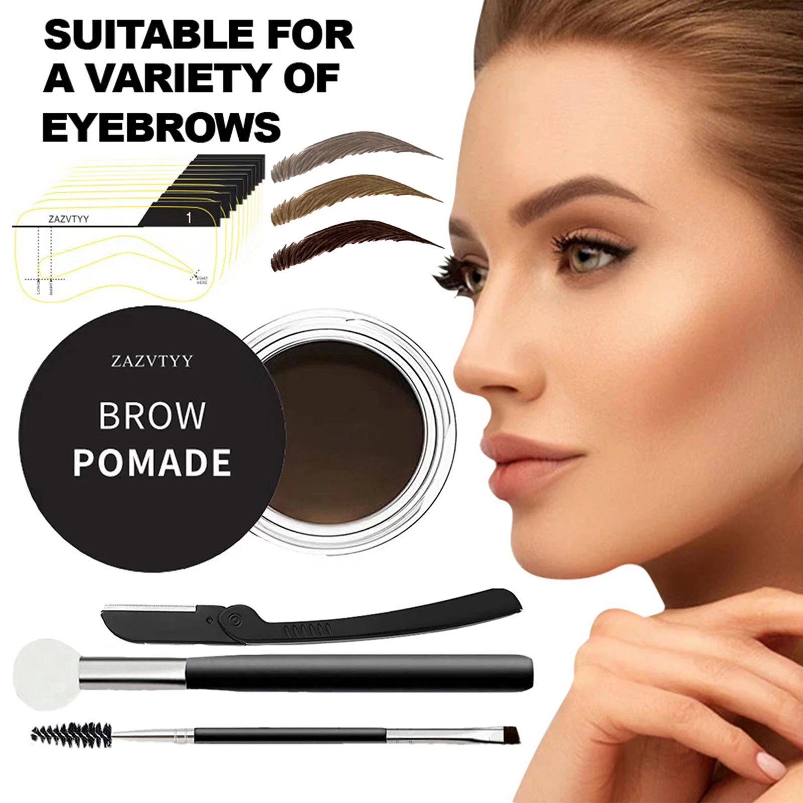 ครีมทาคิ้วชุดกันน้ํา Long-Lasting Eye Brow Stamp Stencil Kit 10pcs แม่แบบคิ้ว,ฟองน้ํา Applicator,แปรง