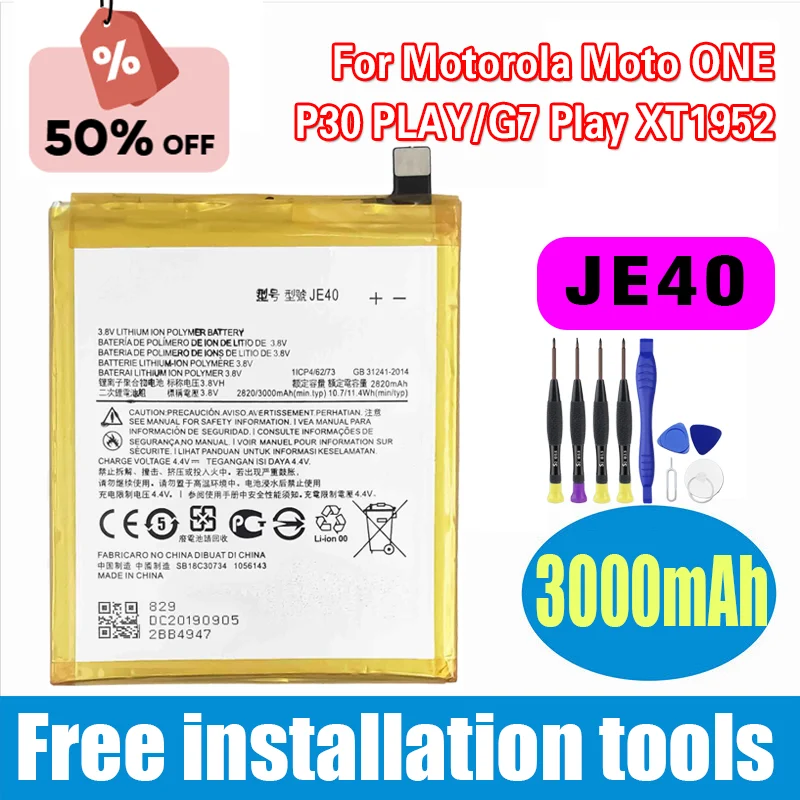 

JE40 3000mAh High-Quality Replacement Battery for Motorola Moto ONE P30 PLAY/G7 Play XT1952 Phone Batteries+Tools