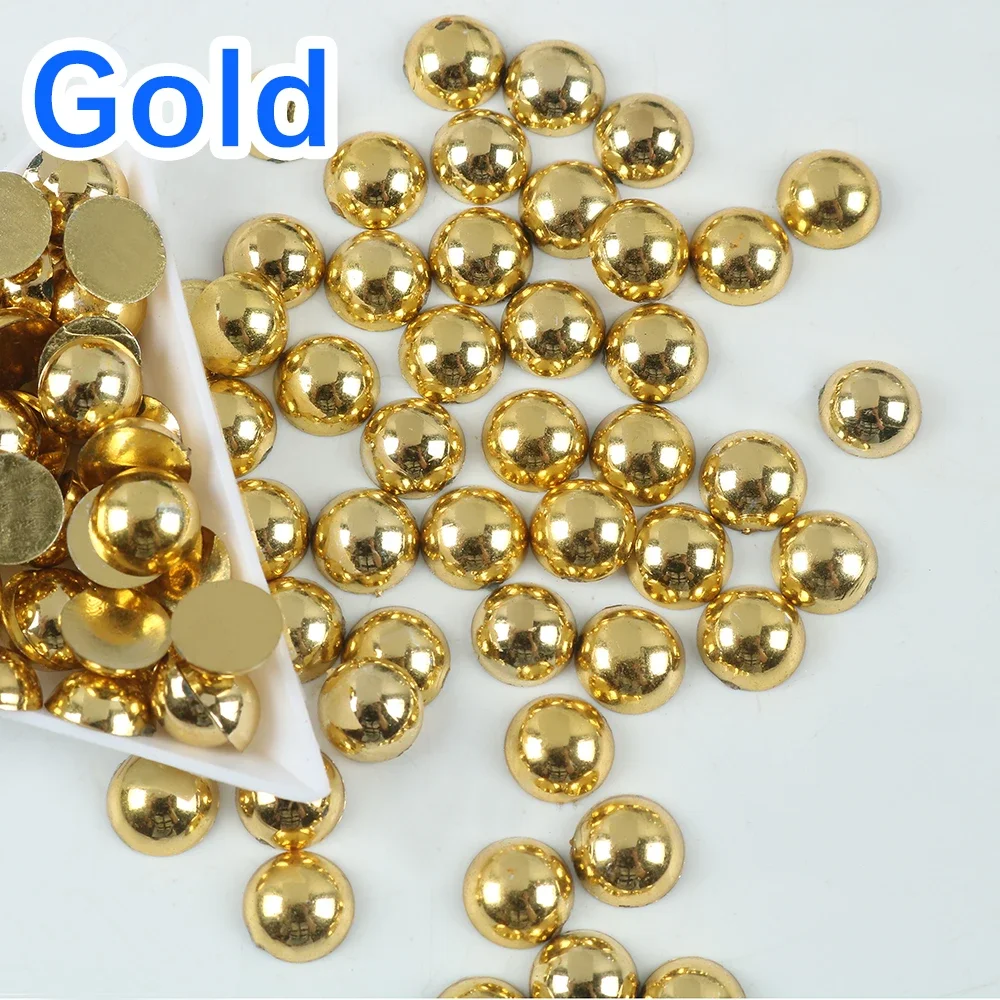 Gold Color Mix Sizes 2mm-10mm Half Round Beads Golden Imitation Pearl ABS Resin Flat Back Glitters For DIY Nail Craft Decoration