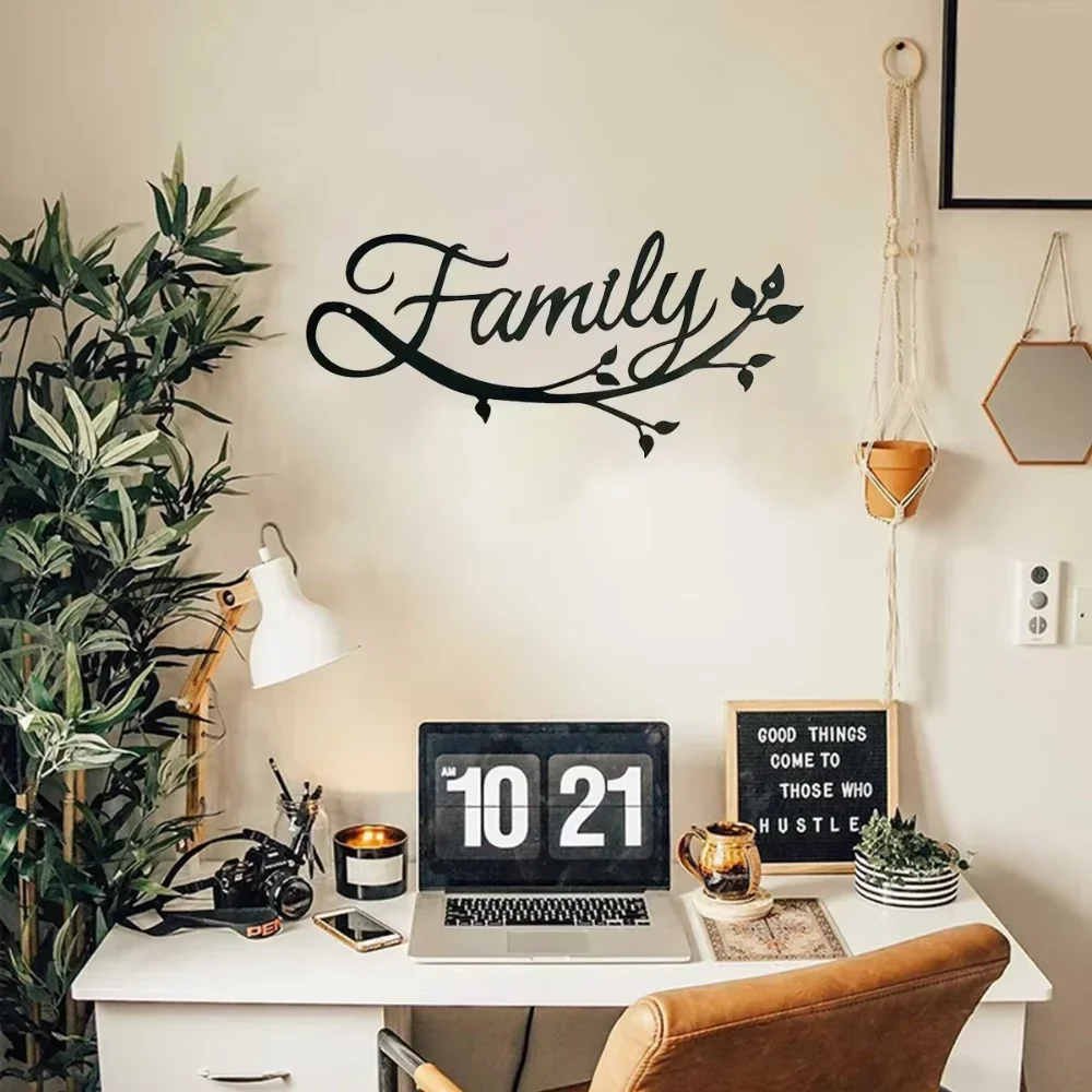 CIFBUY Family Cursive Word Metal Wall Art Sign Black Home Decor for Bedroom Living Room