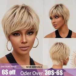 100% Remy Human Hair Wig for Brazilian Women Blonde Golden Pixie Cut Short Human Hairs Wig Natural Straight Bob Wigs with Bangs
