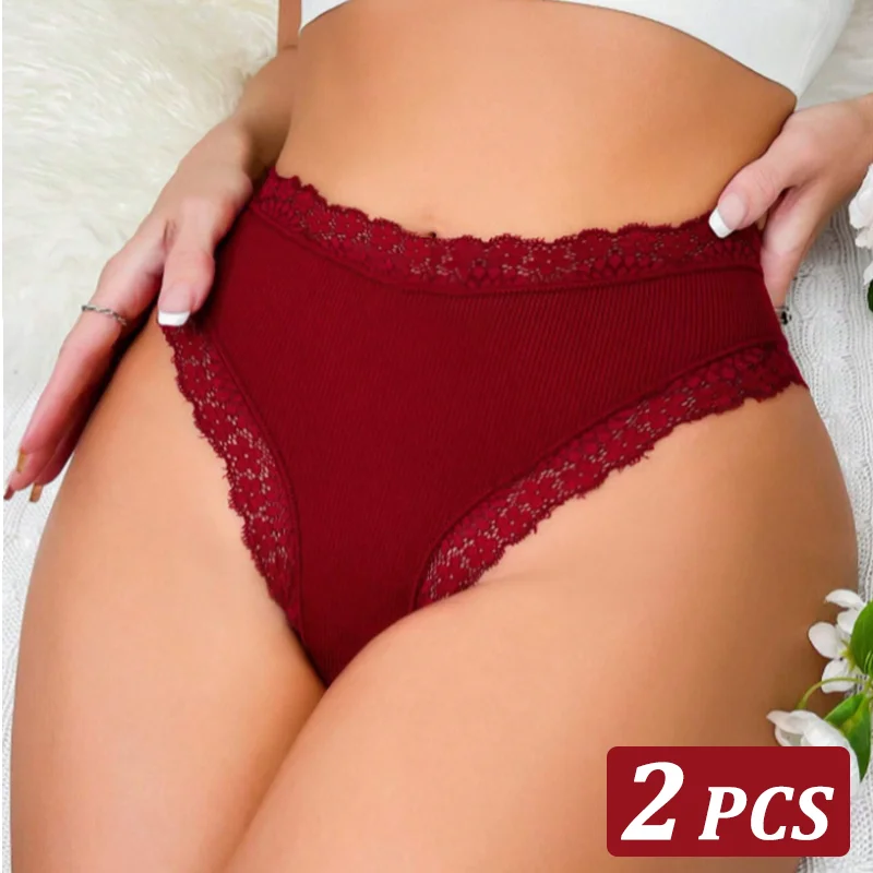 

2PCS Lace Flower Panty Ribbed Contrast Pants Mid Waist Women Soft Panties Breathable Girls Underwear Lingerie XS-XL