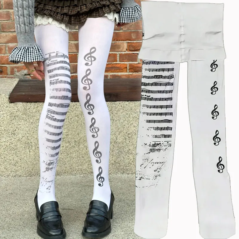 

Music Note Patterned Pantyhose Subculture Girls Black White Tights Elastic Leggings Graffiti Piano Patterned Women's Stockings