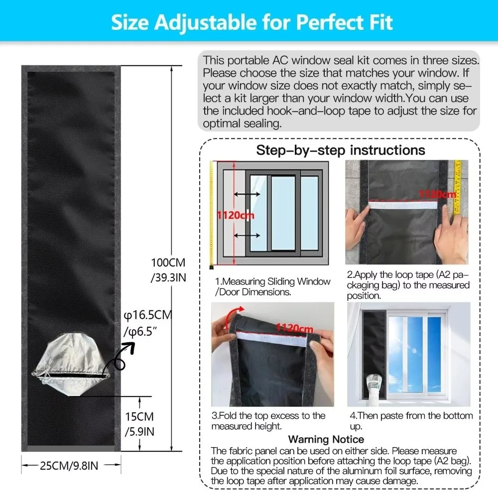 Silver Coated Portable AC Window Seal Waterproof Oxford Fabric AC Vent Hose Cover Quilted Padded Drawstring Cuff