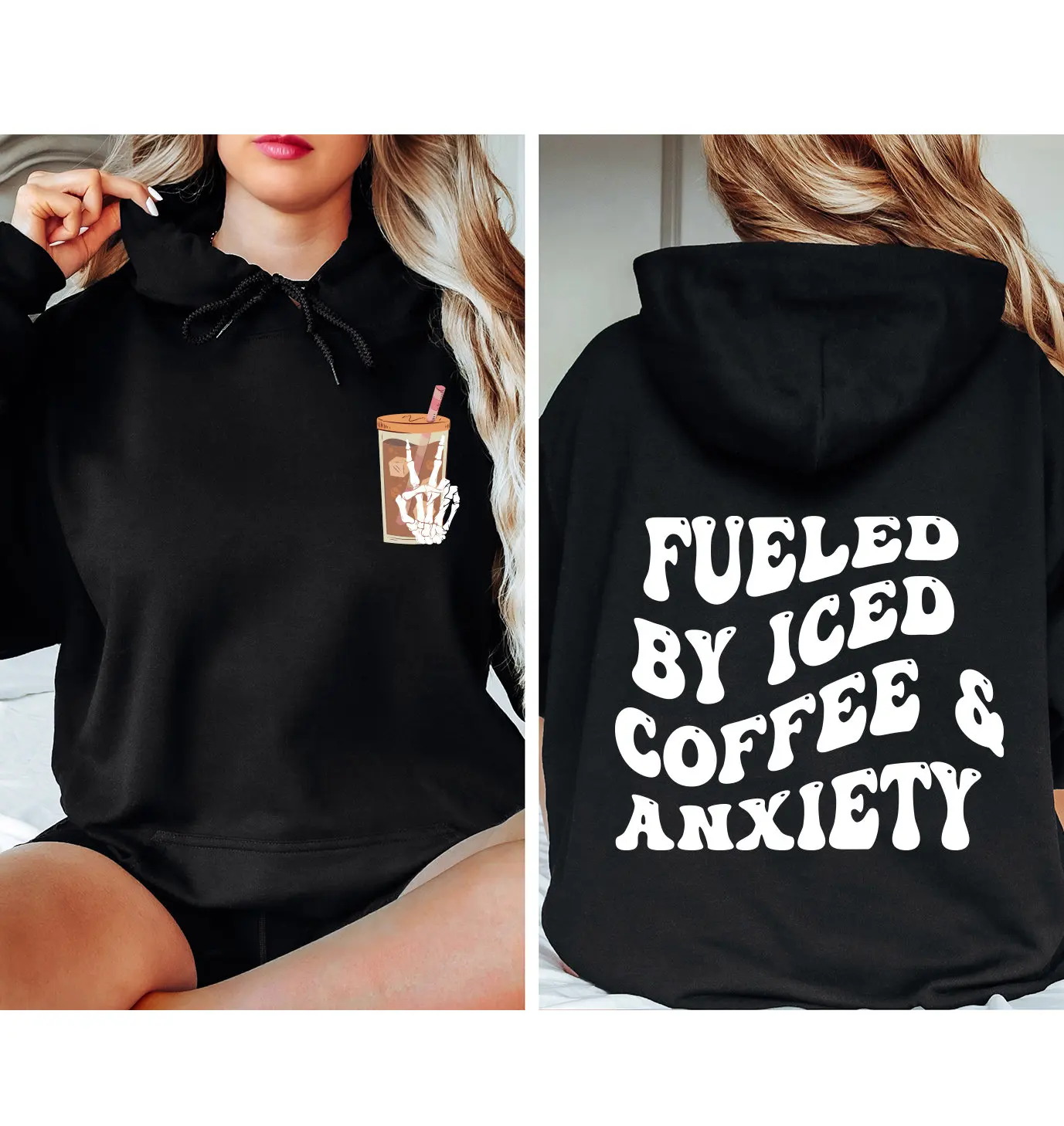 

Fueled By Iced Coffee and Anxiety Hoodie Men's and Women's Long Sleeve Sweatshirt Pullover Y2k Tops Autumn and Winter Clothing