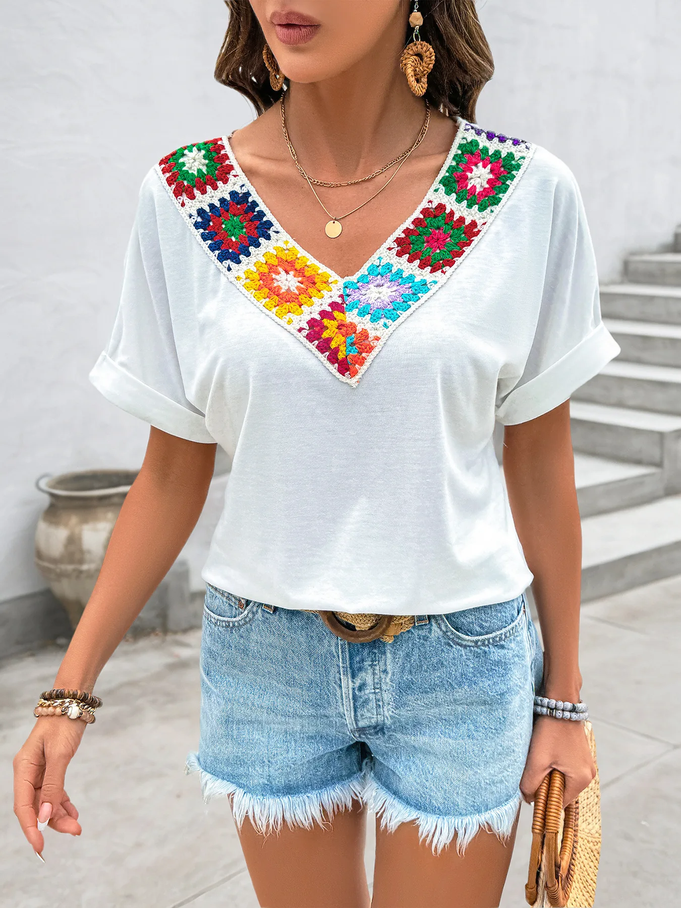 

Summer 2026 Ethnic T-shirt Women Crochet Patchwork V-neck Loose Tee Top For Women Batwing Sleeve Holiday Style Beach 63102