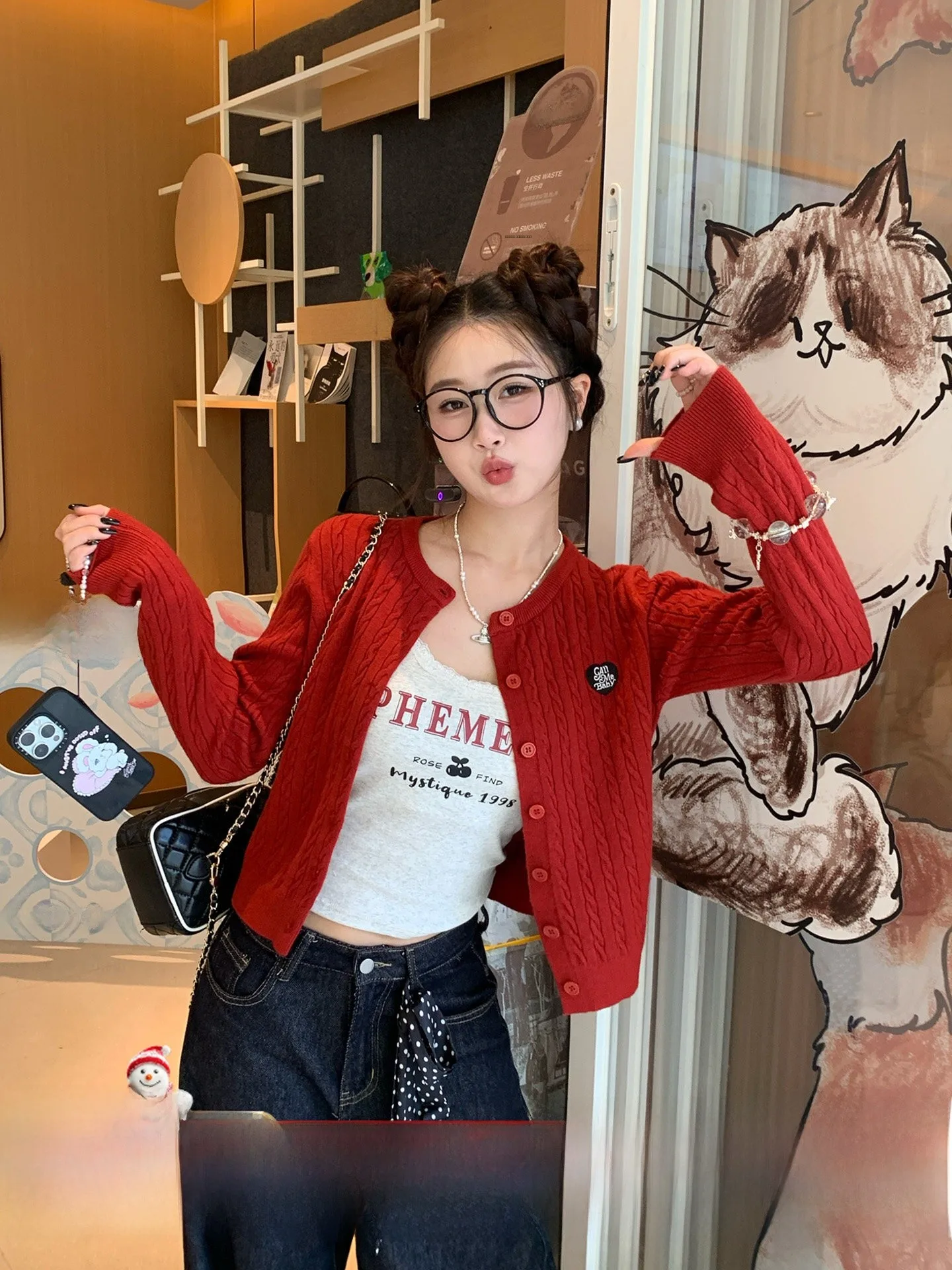 

Su San San Super Sli Red Knitted Open Cardigan Sweater Korean Sle Early Spring Outerwear New Year Aosphere Feeling Wo...