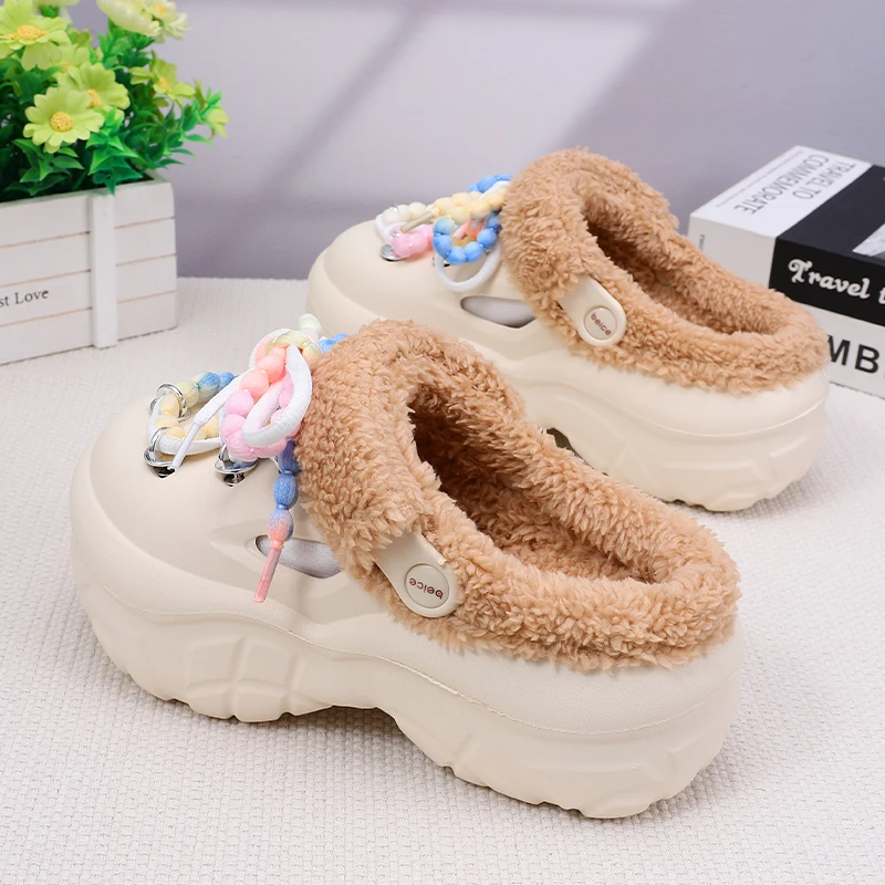 Winter Warm Slippers for Women Platform Home Cotton Shoes Plush Indoor Ladies Outdoor EVA Thick Bottom Mules High Heel Clogs