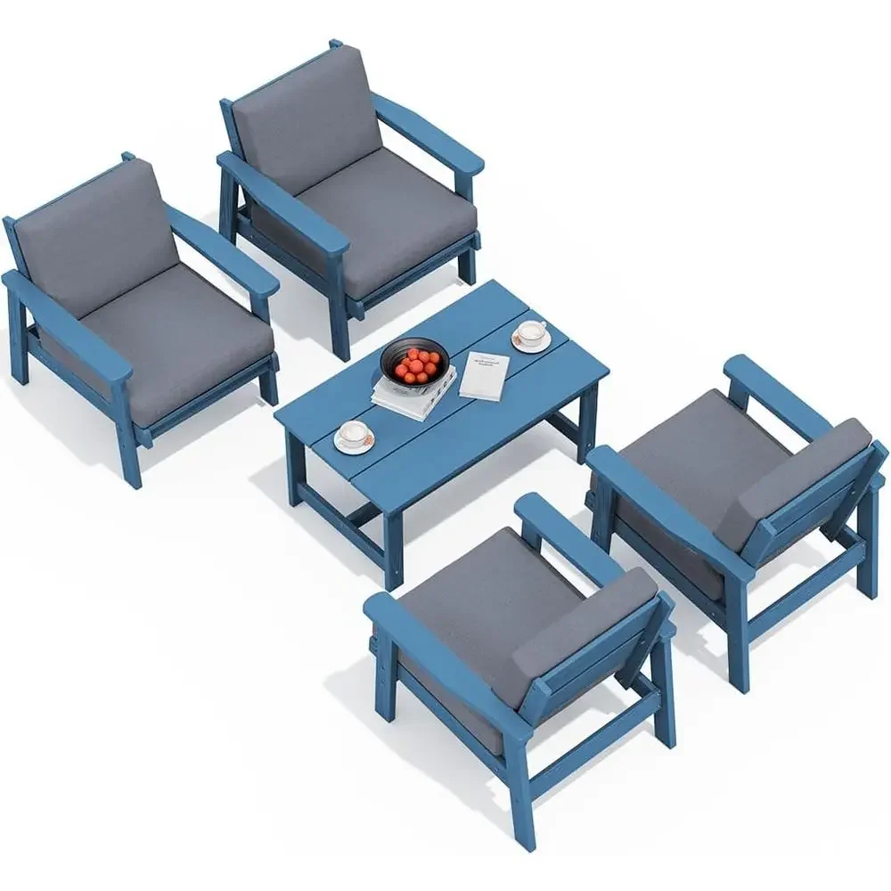 

5-Piece HDPE All-Weather Patio Furniture Set with Cushions for Outdoor, Balcony, Garden, Backyard