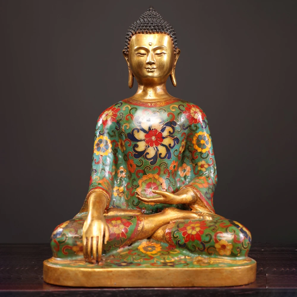 Antique Copper Cloisonne Enamel Gilt Shakyamuni Buddha Statue Serene Face Fine Craftsmanship Home Decor