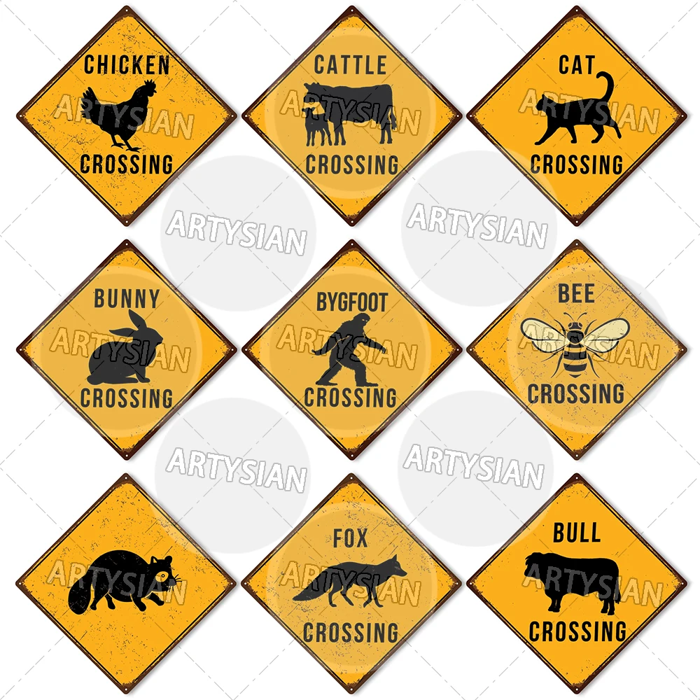 Traffic Safety Wildlife Warning Metal Sign Animal Crossing Plaque Bee Bigfoot Bunny Cat Cattle Chicken Bear FOX GOAT Raccoon