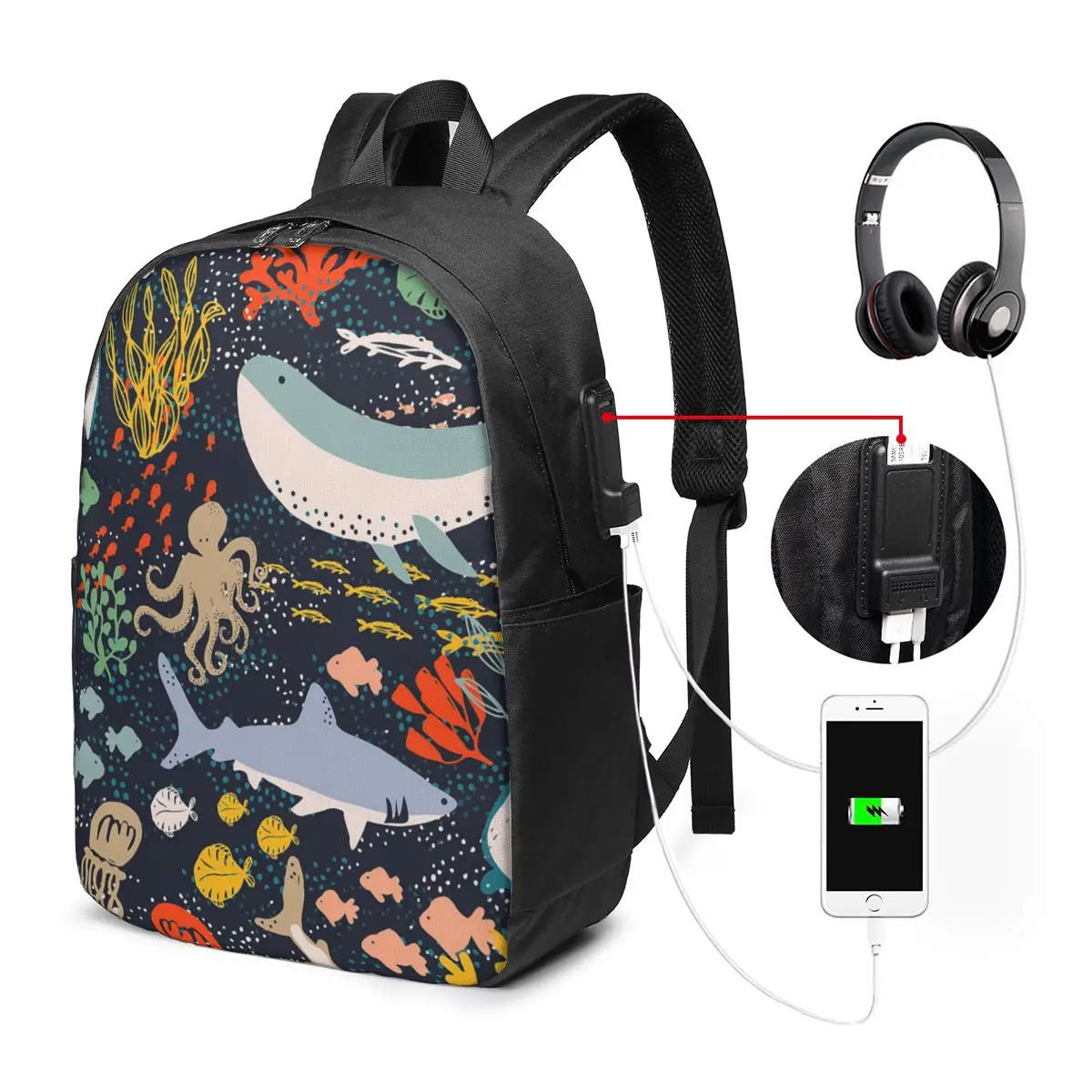 Cartoon Fish Shark And Aquatic Plants Backpack Travel Notebook Bag Computer College Student School Bag Laptop Shoulder Bags