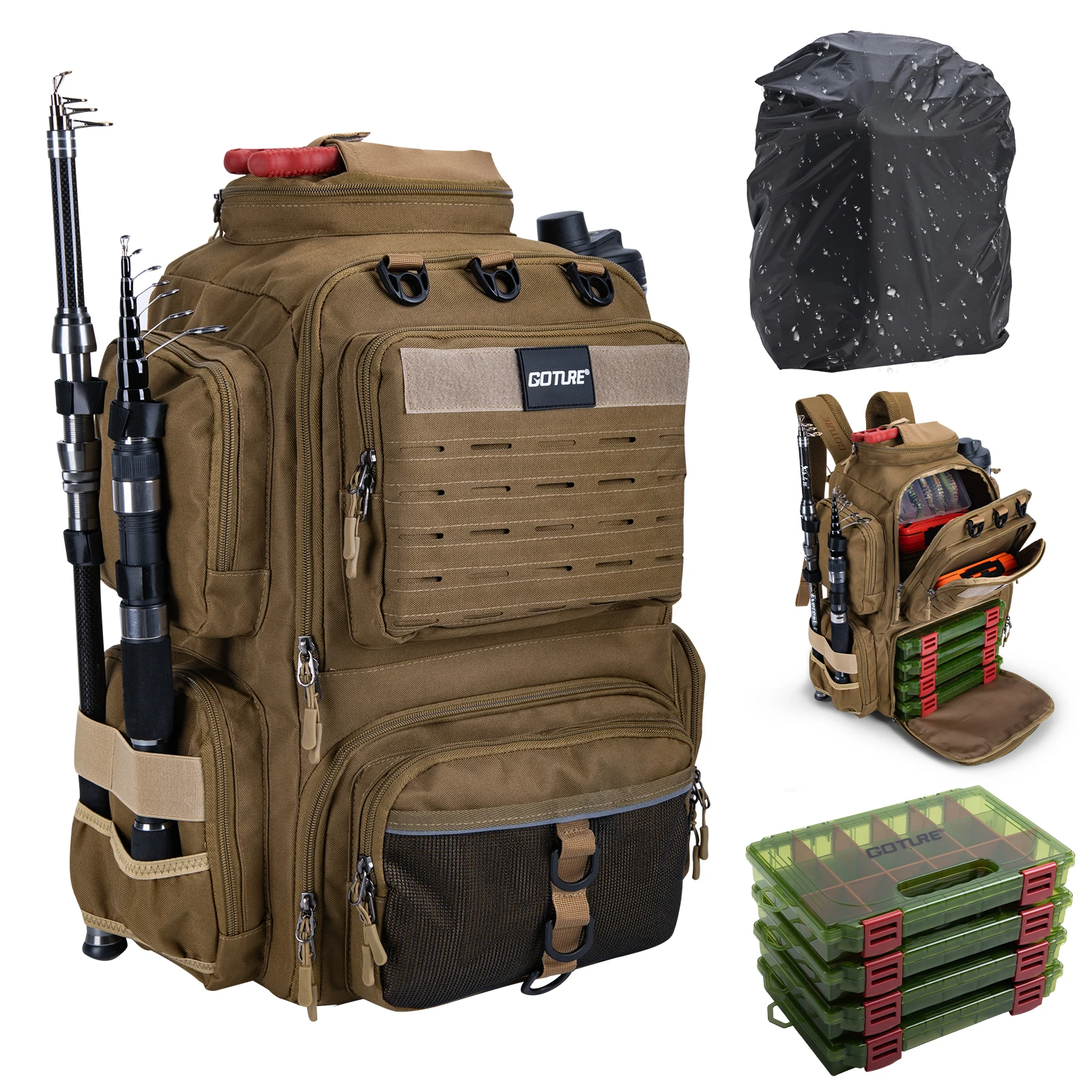 

Рюкзак для рыбалки Goture с коробками для снастей, водонепроницаемая сумка для снастей 900D с держателями для удочек, большая сумка для хранения рыболовных снастей