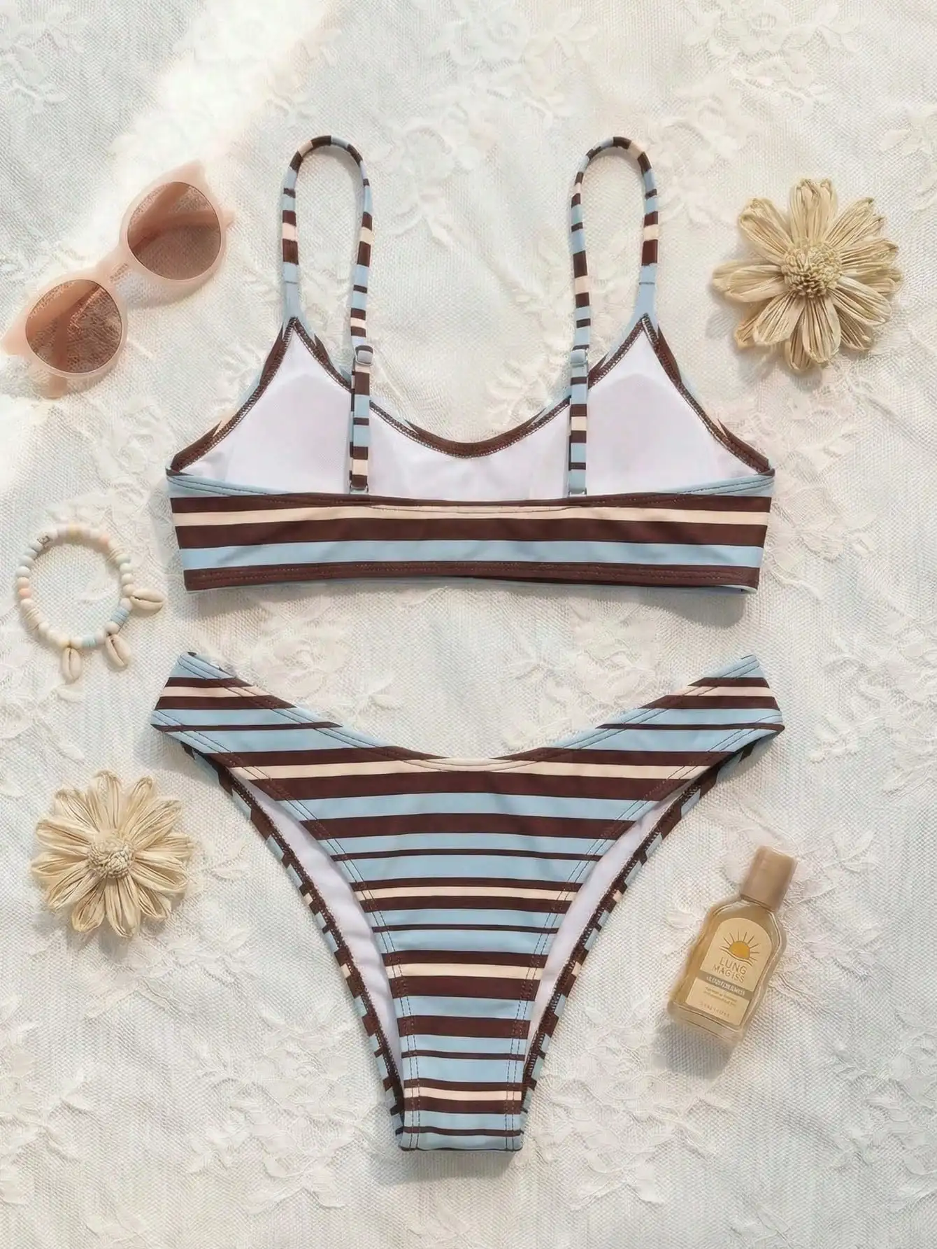 

Striped Adjustable Strap V-Neck Bikini Set For Beach Vacation Party