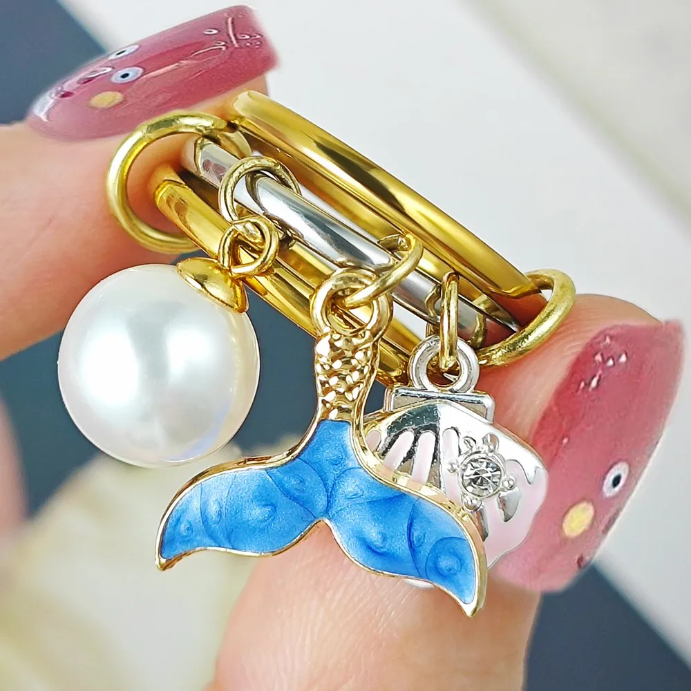 Mermaid Charms Rings Stack Set For Female Women Seashell Imitation Pearl Fishtail Pendant Stainless Steel Spinelli Ring Jewelry