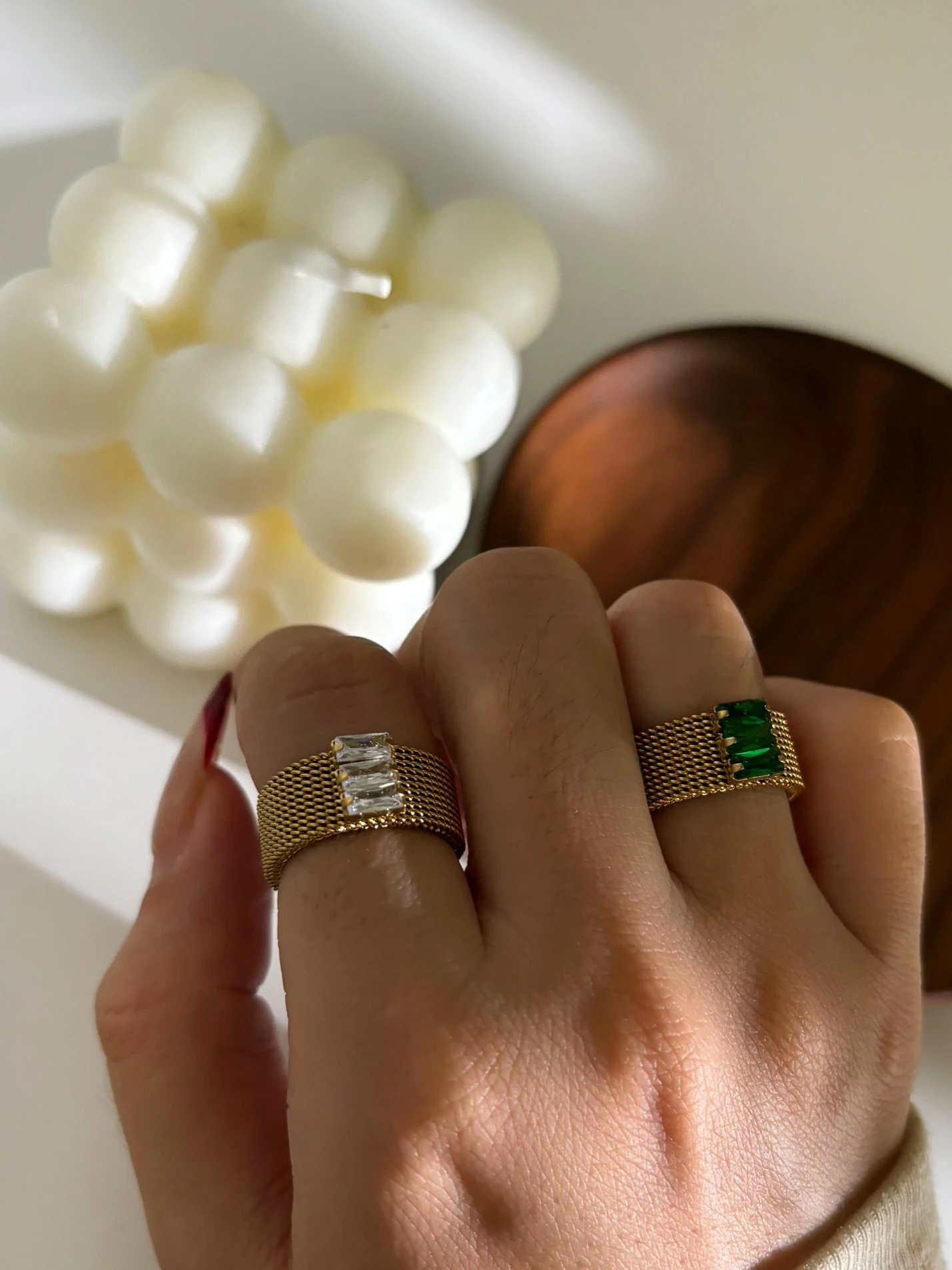 Peri\'sbox Fashion Simple 18K Pvd Gold Plated White Green Baguette Cz Zircon Weaving Wide Rings Stainless Steel Jewelry for Women