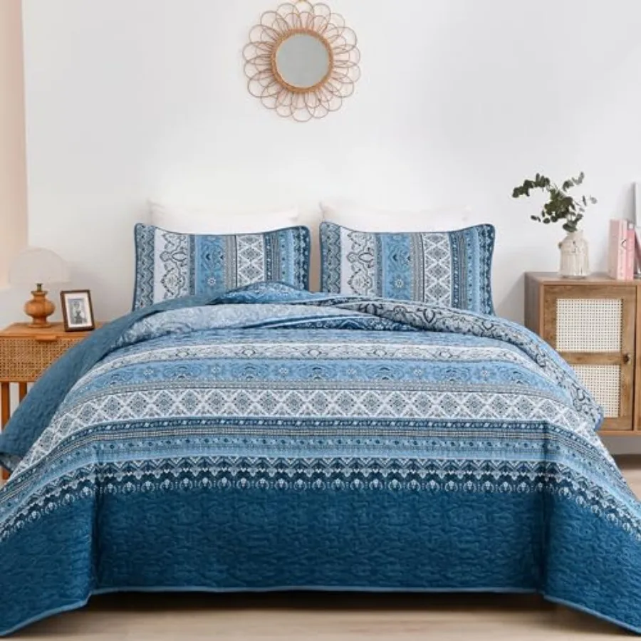 

Quilt Set Queen Size Bohemian Stripe 3 Pieces Quilts Bedspread Set Boho Lightweight Microfiber All Season Bedding Coverlet Set