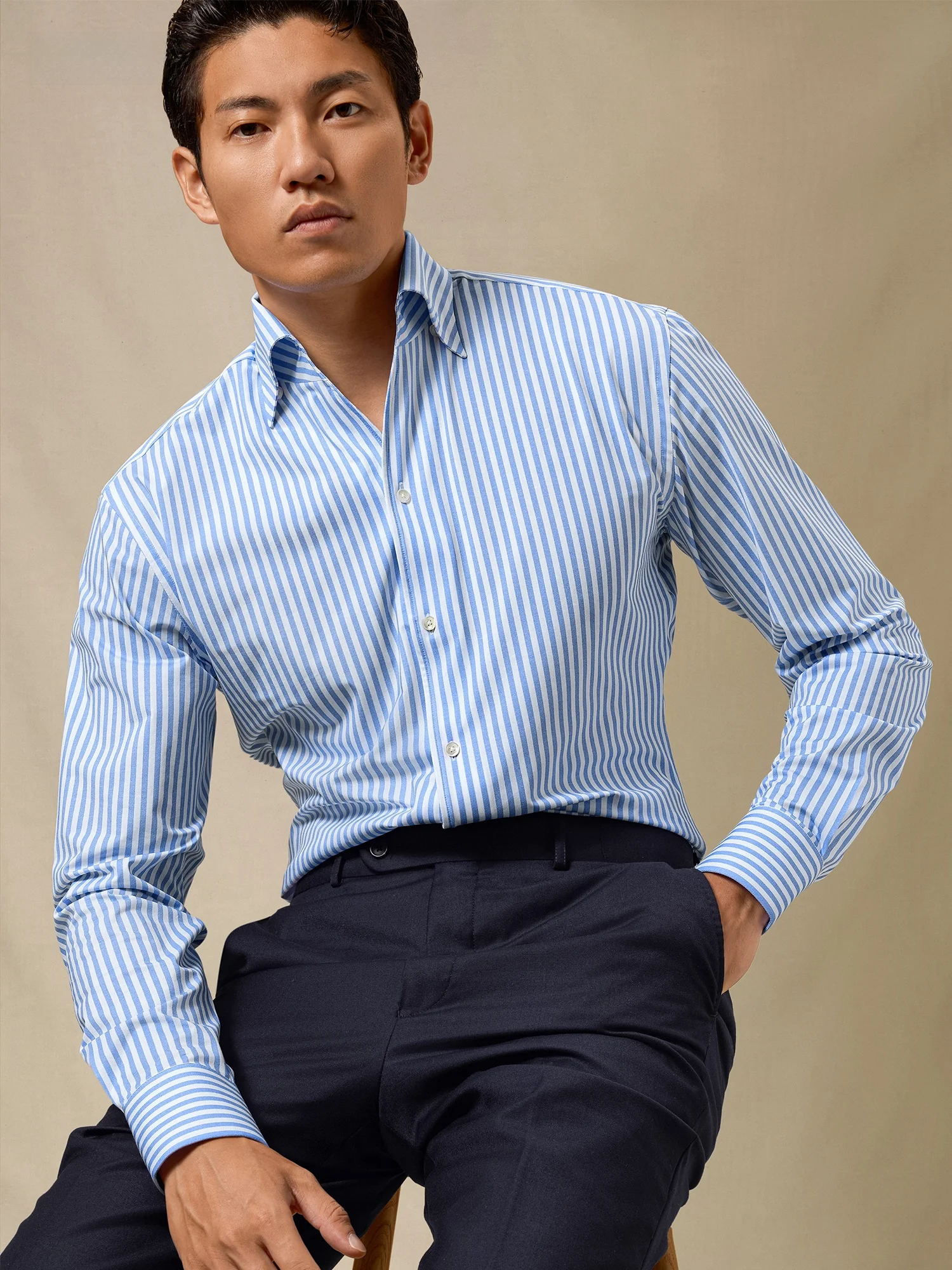 

Long Sve Men's irt SKARO Combed Long Staple Cotton Slim Fit Collar Blue Stripes Busin Casual Gentleman irt