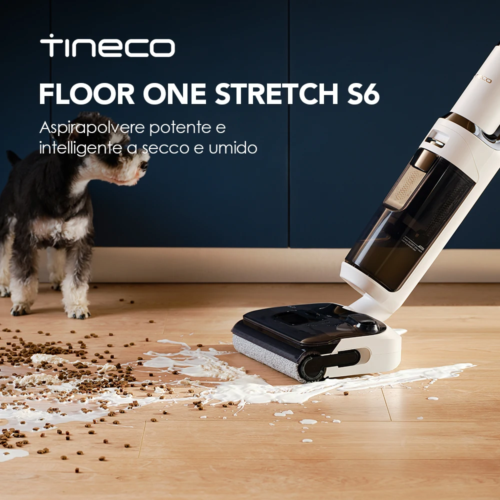 Tineco FLOOR ONE STRETCH S6 aspirapolvere a secco e umido, inclinazione fino a 180°, design compatto 13 CM autopulente e con asciugatura veloce a 70°C, pulizia dei bordi su ambo i lati