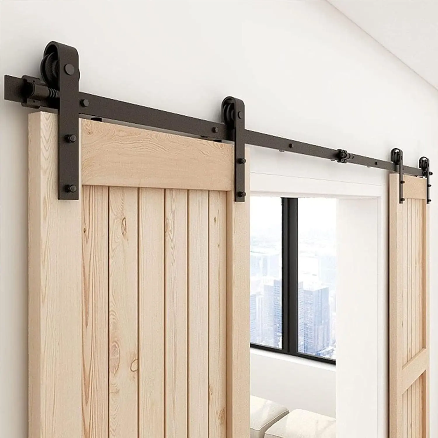 Heavy Duty Sturdy Sliding Barn Door Hardware Kit, Sliding Barn Double Door Hardware Track Kit J Shape Roller Hanger Set With