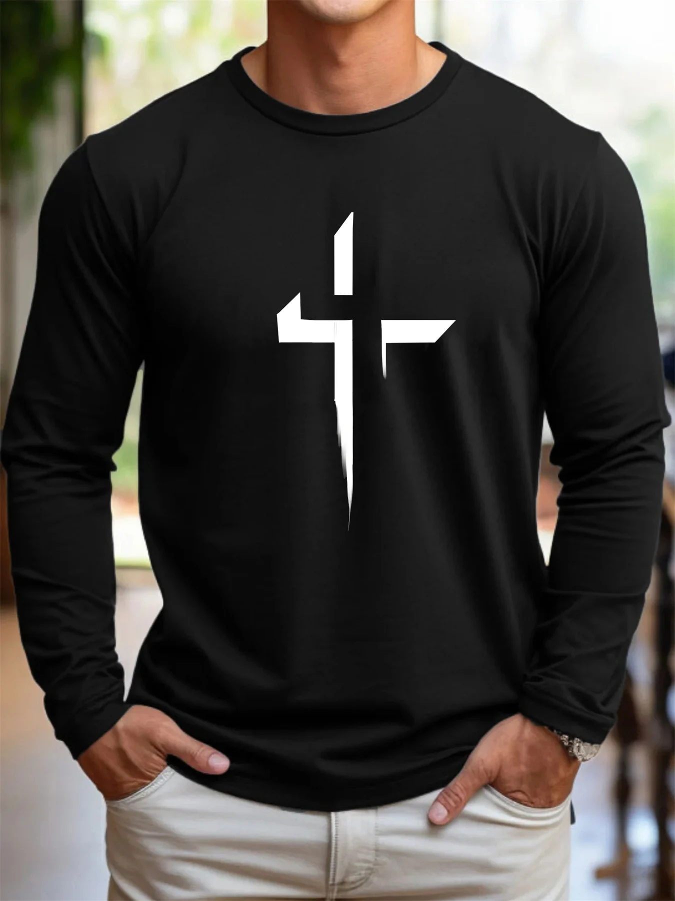 100% algodão puro masculino manga comprida em torno do pescoço solto casual padrão cruzado impresso primavera e outono versátil camiseta topo