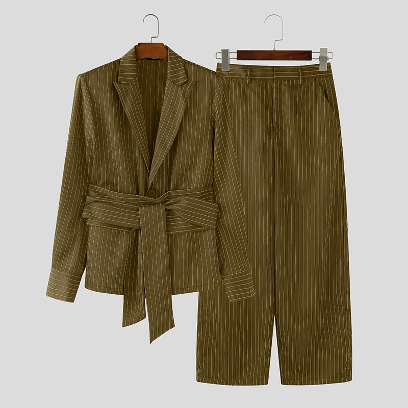 

INCERUN Мужские комплекты в полоску Элегантный пиджак с длинными рукавами на шнуровке и брюки Комплекты из двух предметов Уличная одежда Свободные модные повседневные мужские костюмы