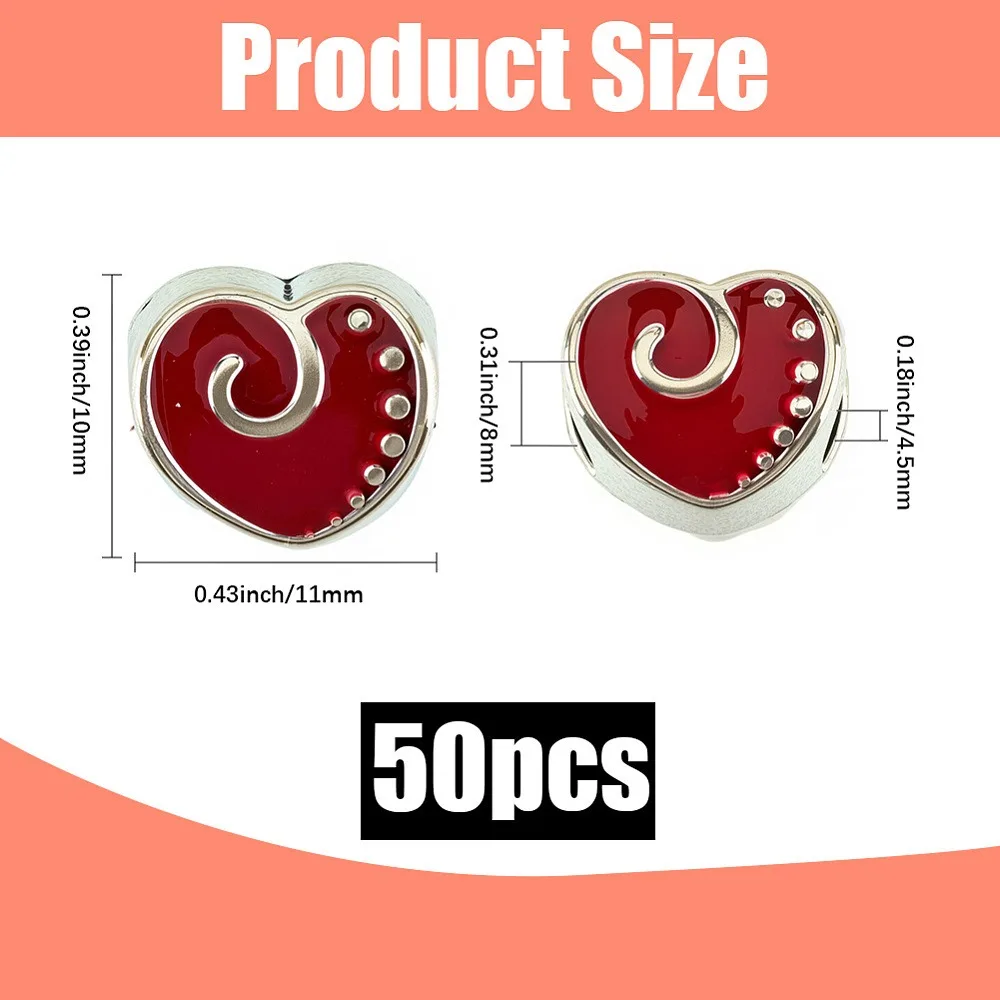 

50Pcs Alloy Enamel European Beads Large Hole Beads Cadmium Free Lead Free Silver Heart Red 10x11x8mm Hole: 4.5mm