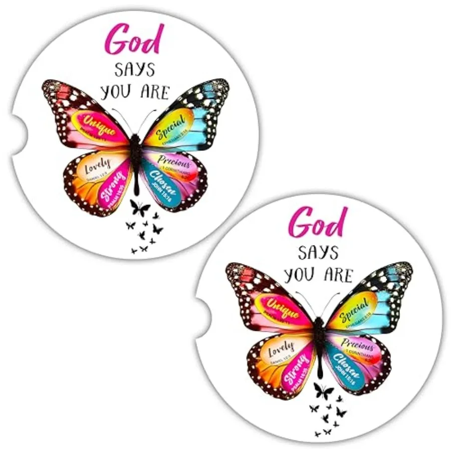 Christian Car Coasters for Cup Holders - 2 Pack Cute Butterfly Bible Verses Car Accessories for Women, Inspirational Faith Deco