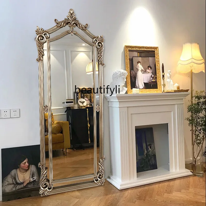 European-style carved retro style full-length mirror clothing store fitting mirror, home full body floor mirror against the wall