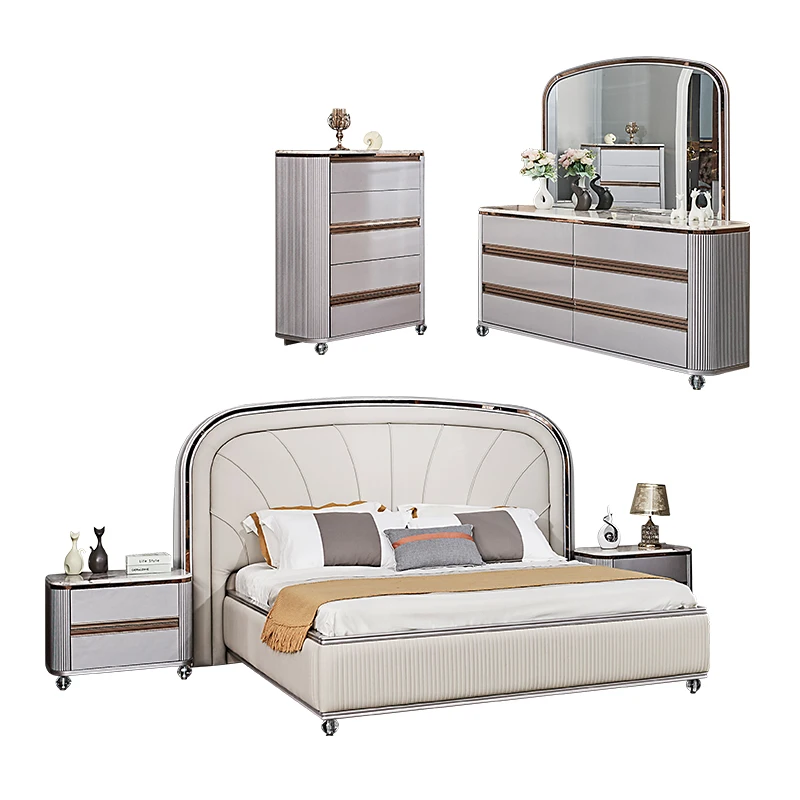

Modern Deluxe Double King Bed Bedroom Set Leather Headboard Wood Frame Upholstered Complete