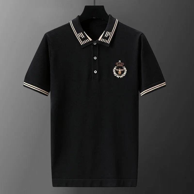 2023 Summer Men Short Sleeve Polo Letter Embroidery Lapel Top Korean Slim Knit Men Polo High Quality Tee Shirt Camisa Hombre